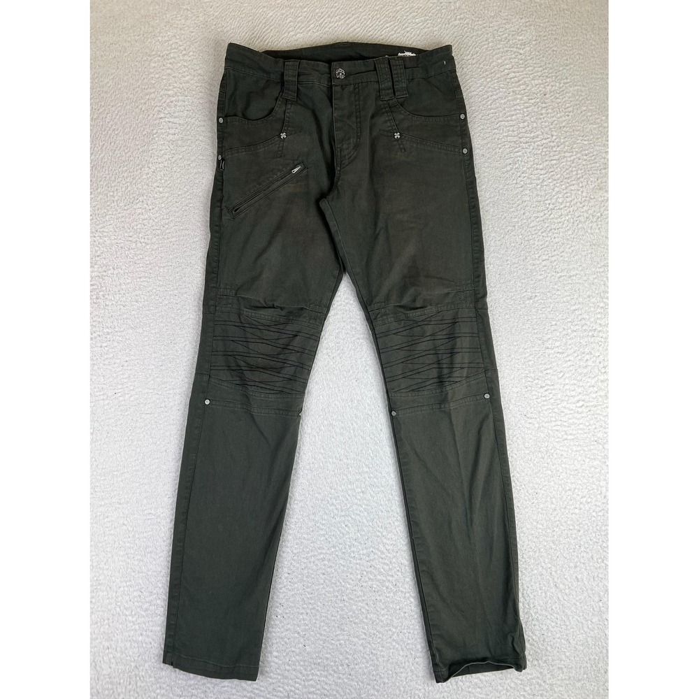 PSYLO Pants Mens 30x30 Green Slim Fit Canvas Punk Chino Moto Stretch Tapered Leg